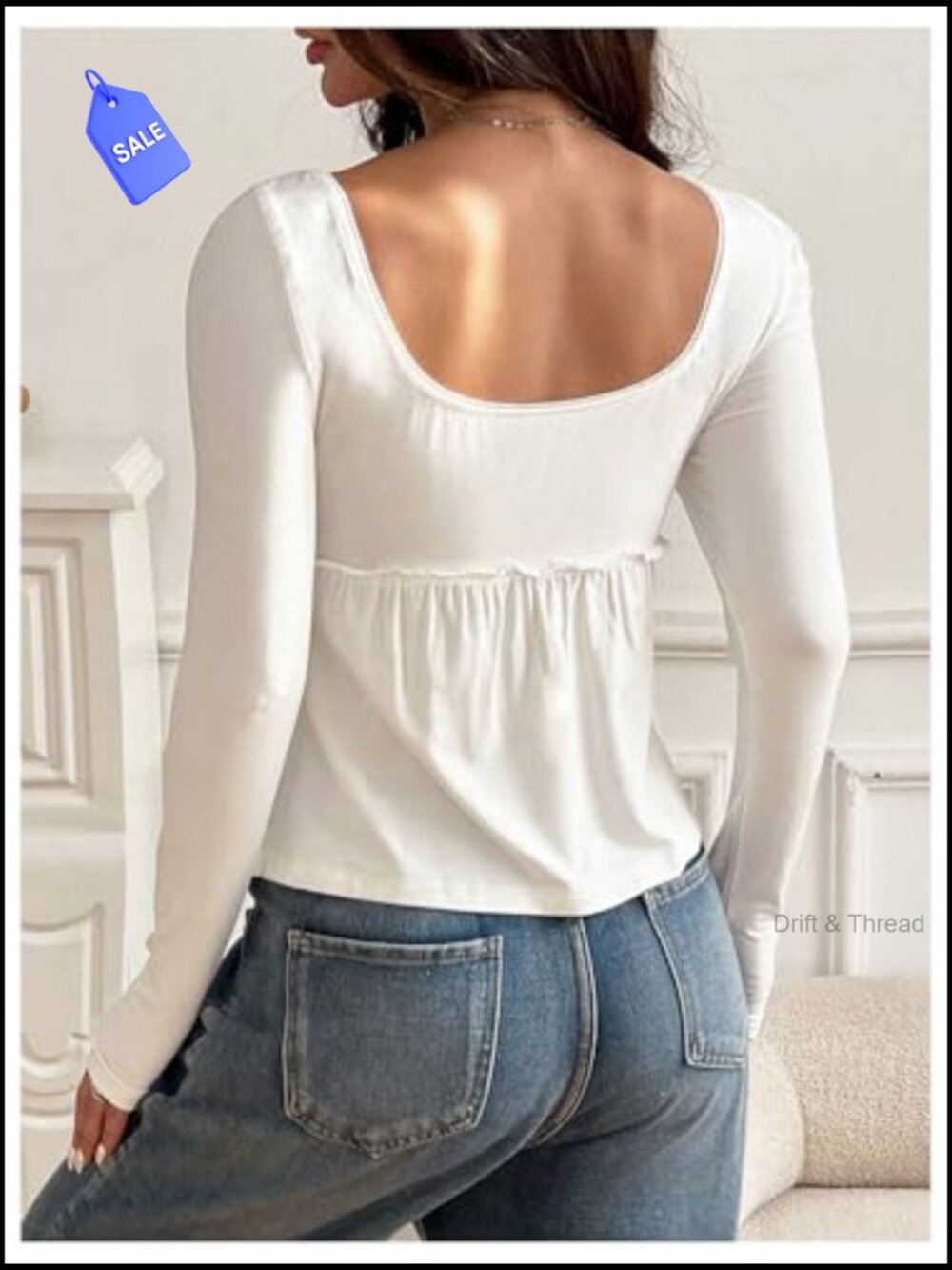 Long Sleeve Square Neck Peplum Top Ruffle Hem Blouse - Picture 3 of 6